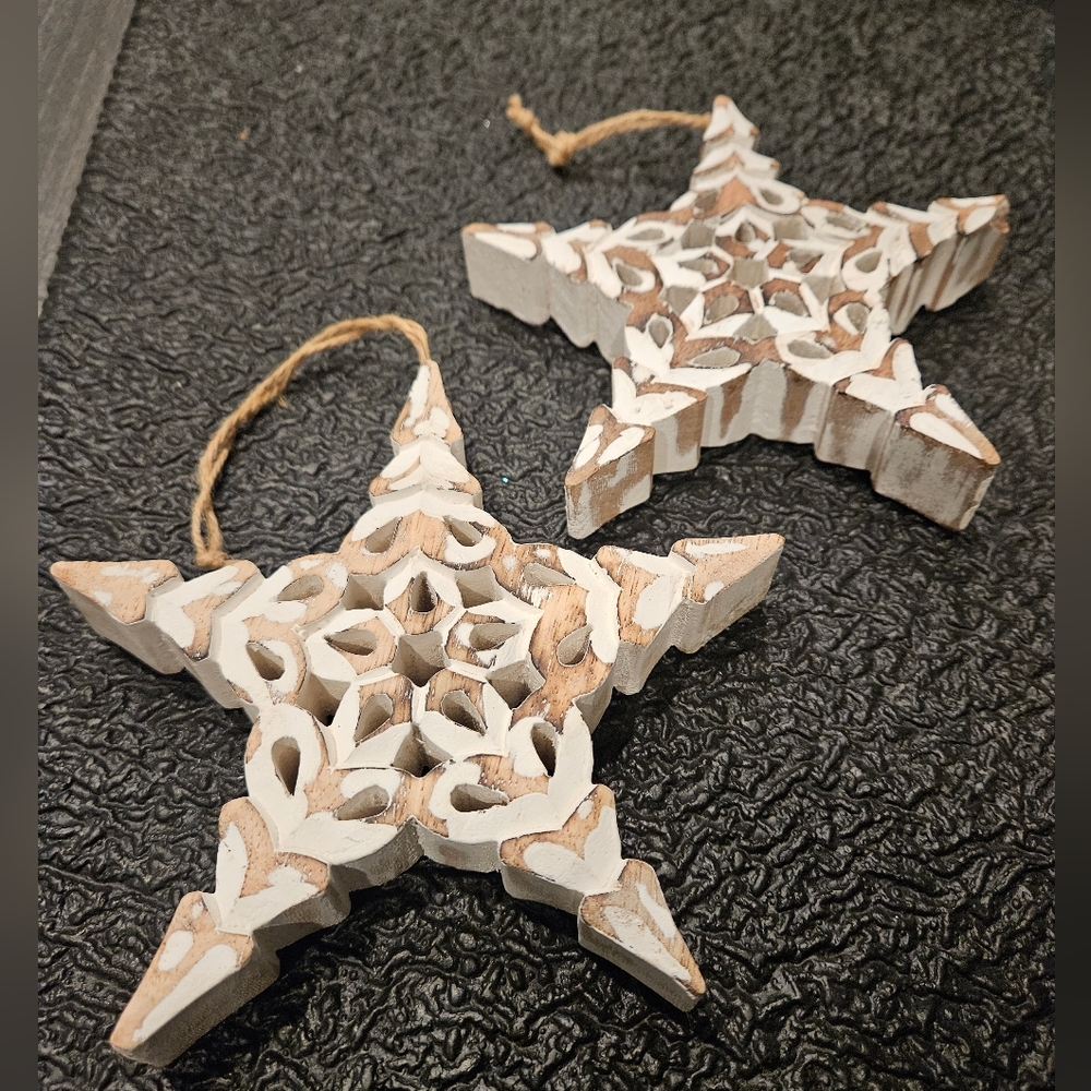 Pair White Washed Wood Snowflake Ornament Decor Farmhouse Holiday Decoration - Picture 4 of 7